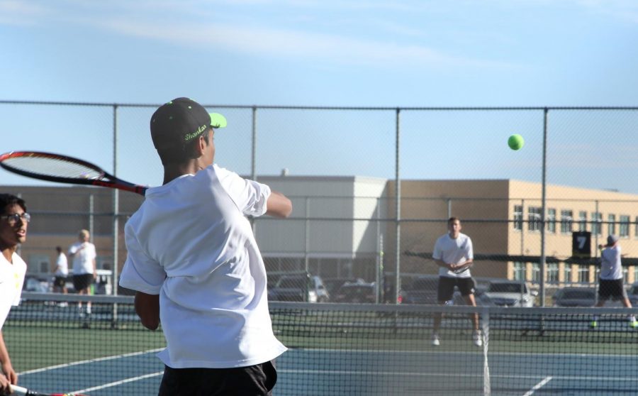 Sophomore+Shankar+Jambunathan+with+doubles+partner+Tanay+Vutukuru+during+their+match+against+St.+Charles+North+on+April+9th.