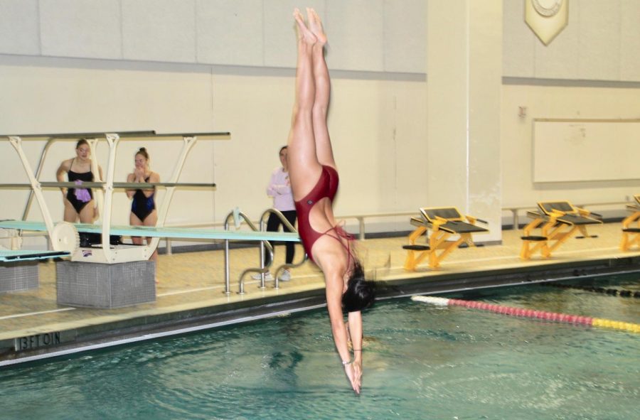 Sophomore, Thanhvy Tran performs a dive.