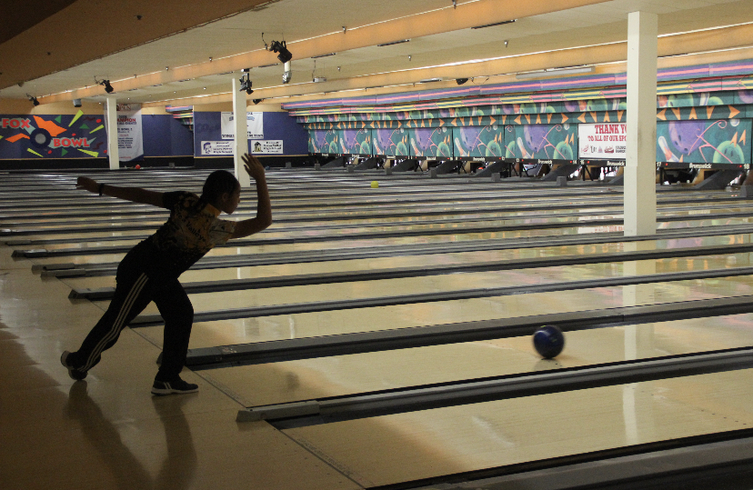 Sophomore Jasmine Allen bowls for the Mustangs. The girls beat Downers Grove North 2666-1908.