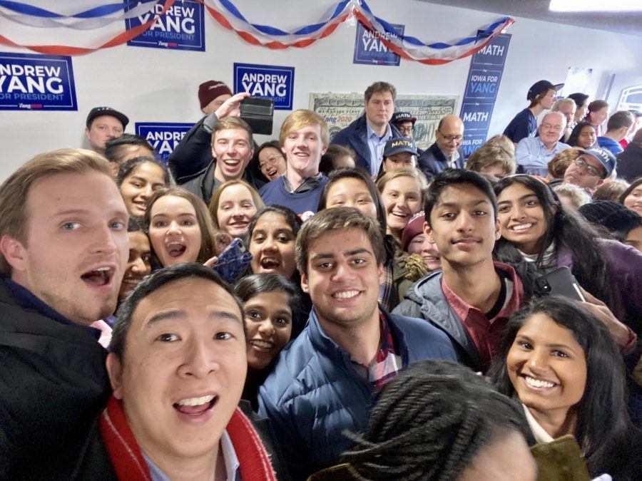 Students gather inside one of Andrew Yangs campaign offices for a selfie this past Monday.