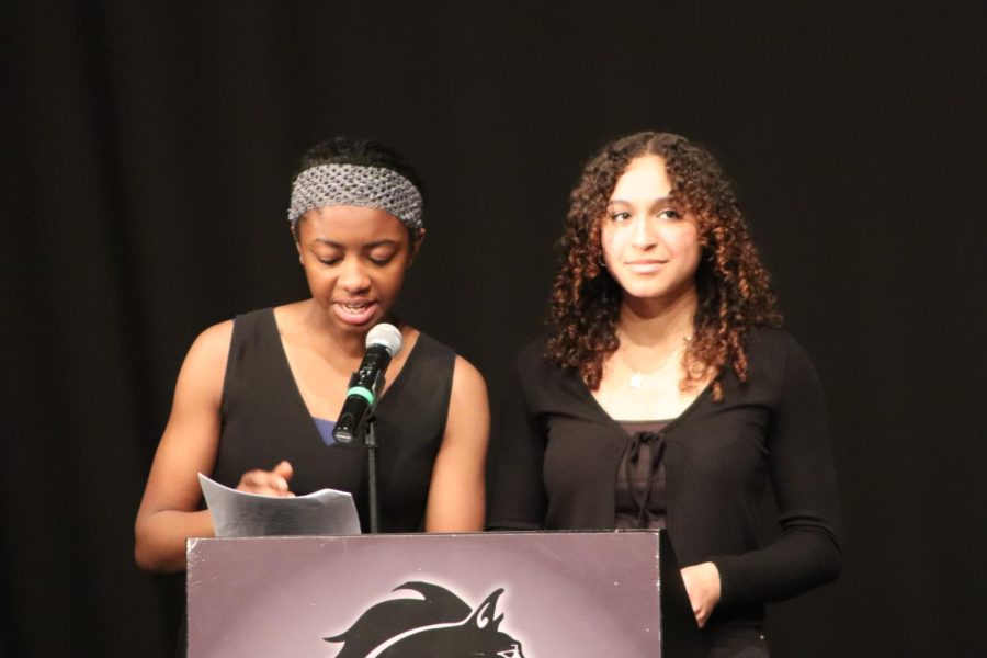 Metea Valley Black History Month speakers are seen on stage speaking about the overall impact Black history had had and why we should celebrate Black History Month each year. 
