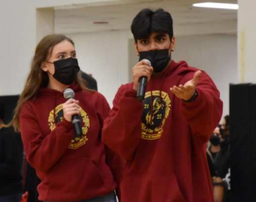 State competitors Saish Pothina and Lauren Verthein perform their HDA piece in a pep assembly days before the tournament.