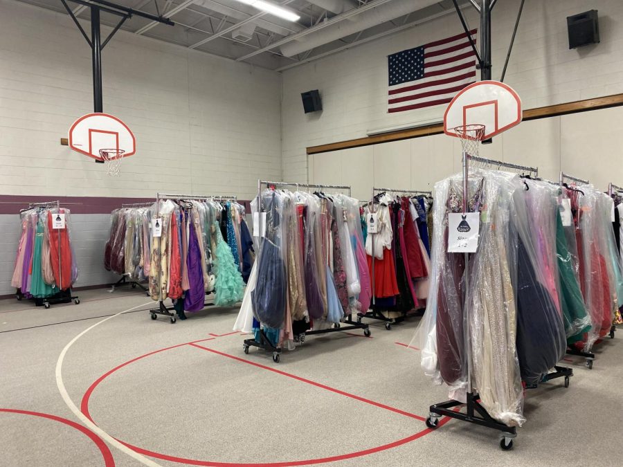 English teacher Ann Cluxton set up prom dresses in a variety of sizes at Graham Elementary School for high school students to choose from.