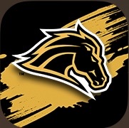 The MV Athletics app logo features the iconic Metea Mustang on a vibrant black and gold backdrop.