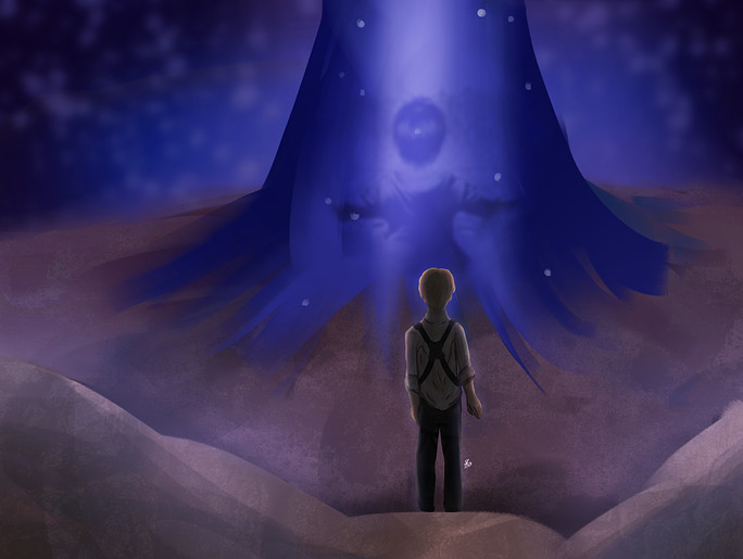 The main character, Armin Arlert, in Paths looking at the portal to see Eren Jaeger