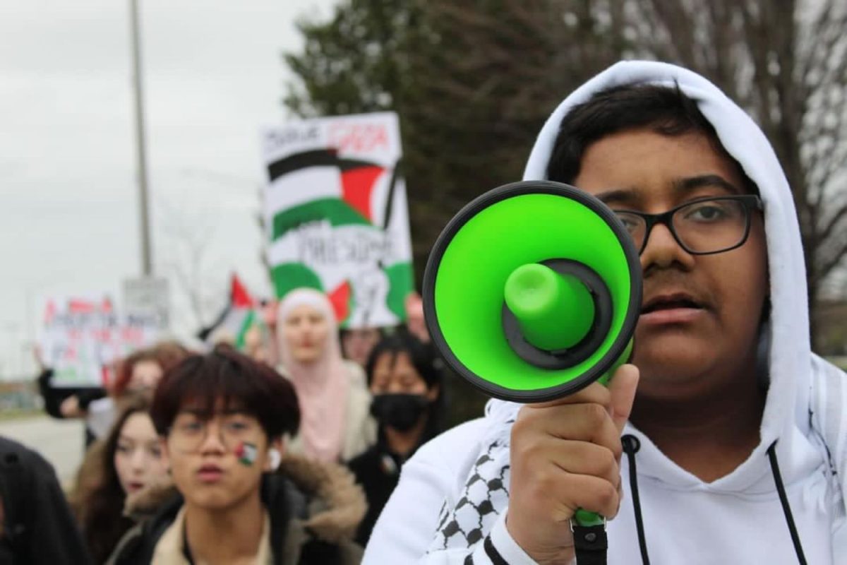 The megaphone was passed around as they said different chants.