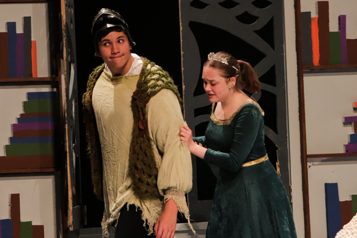 Alex Vierling and Cael Morrow, who understudy Shrek and  Fiona, escape the princess tower. 
