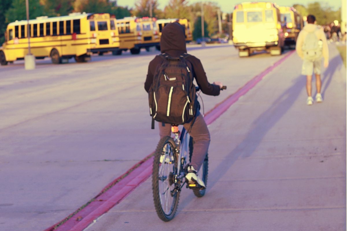 Students travel to school depending where they live using various options such as cars, buses, bikes, or walking.