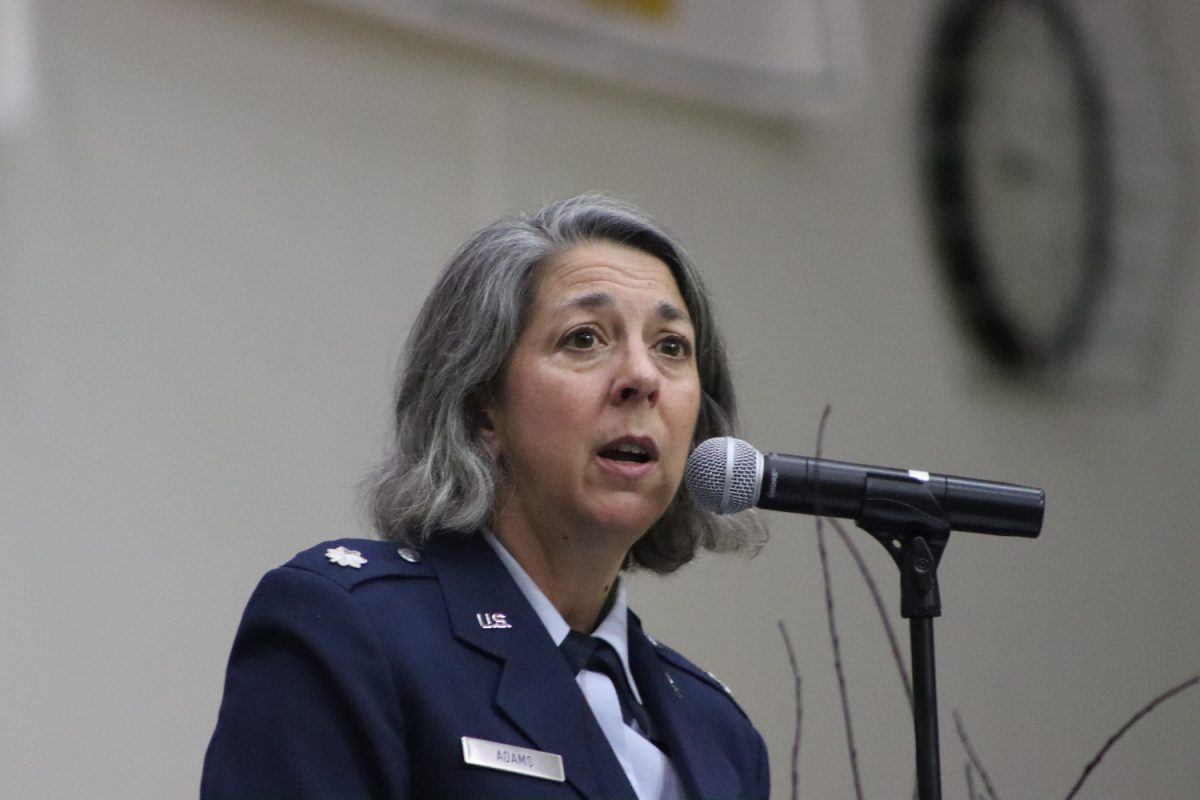 Lt. Col. Anna Adams gives a speech about her life experiences.
