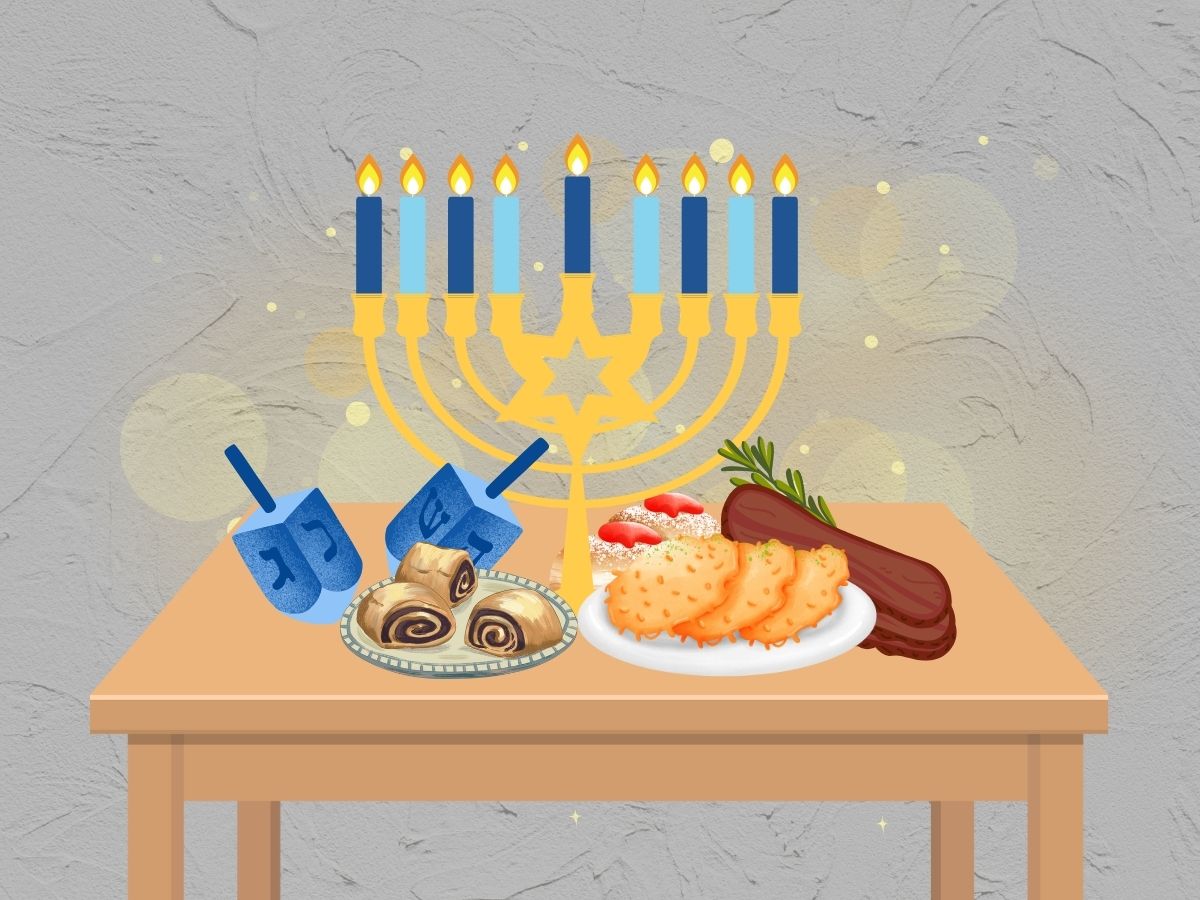 Foods and the Hanukkiah shown for Hanukkah.
