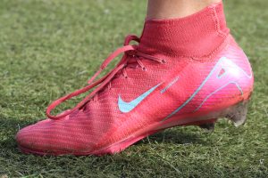 Isabelle Leofanti's cleat in Metea's turf field showcasing the condition of the turf.
