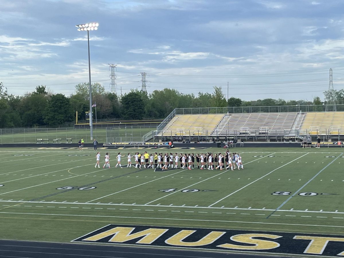 "Both teams shake hands before the game begins."