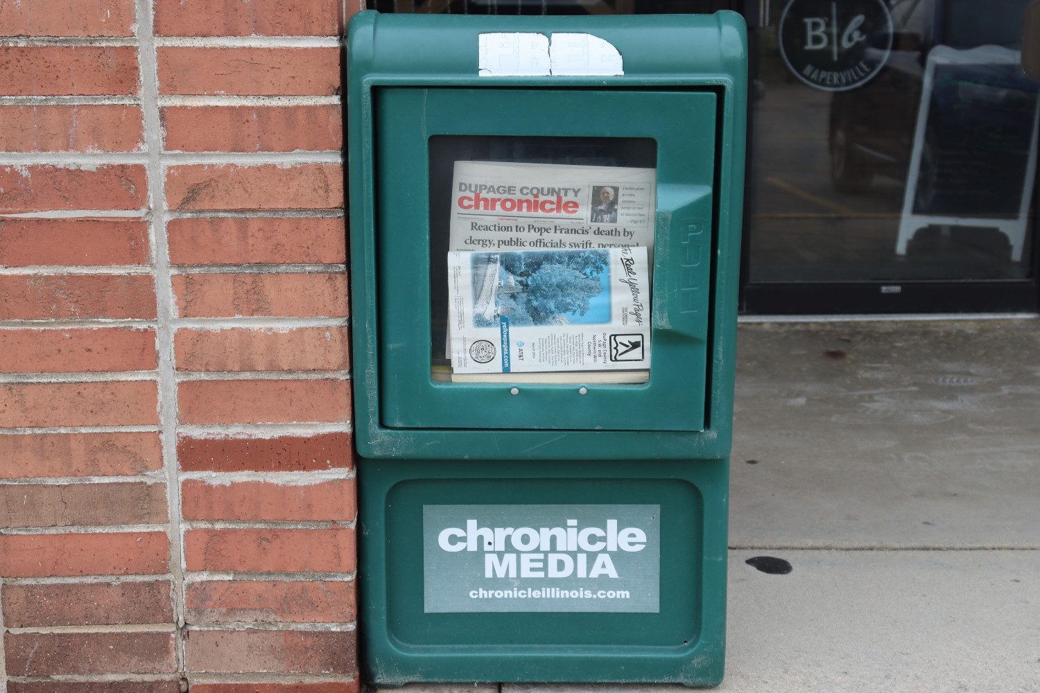 Original paper box from Chronicle Media, with the latest issue of the Dupage County Chronicle.