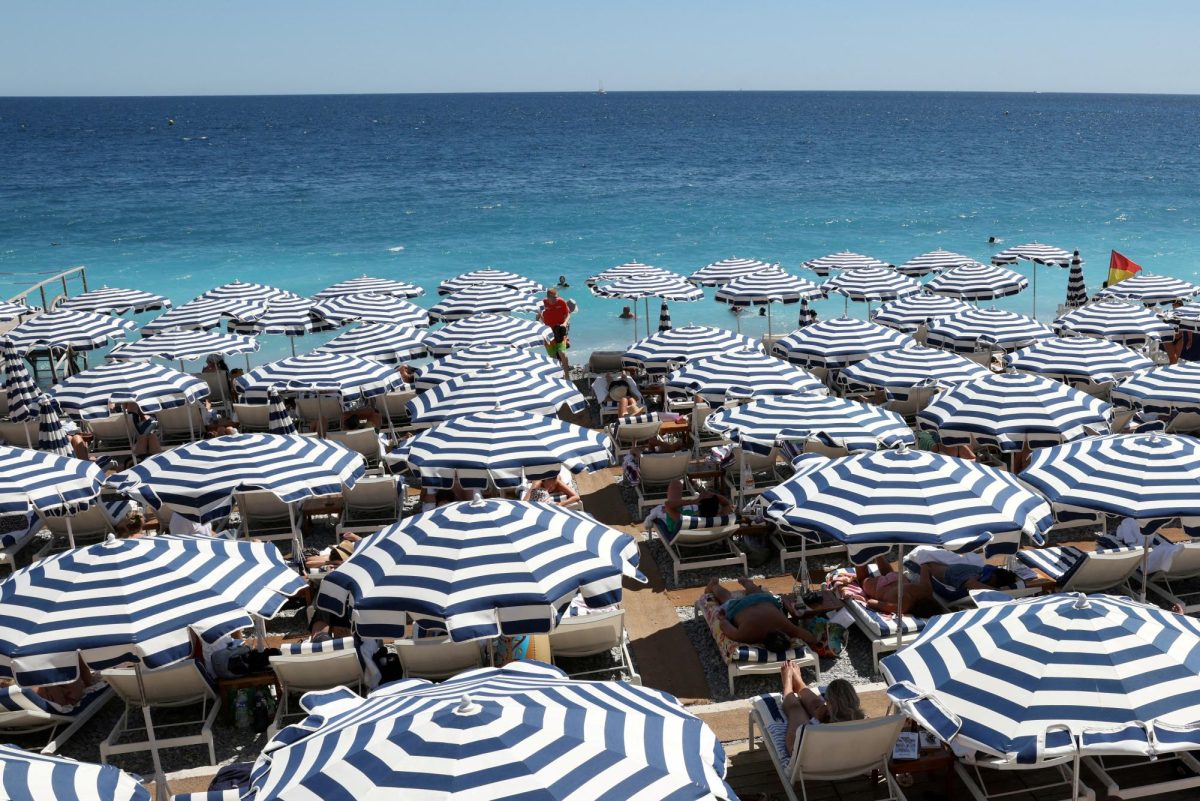 A view shows a beach with deckchairs and parasols on a sunny summer day on the Promenade des Anglais in Nice, France, July 8, 2025. REUTERS/Kevin Coombs