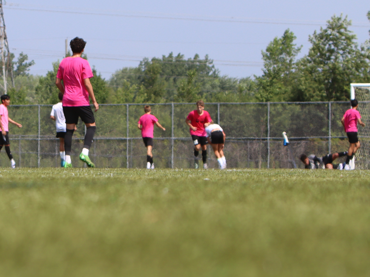 Players calculate their next move on the turf.