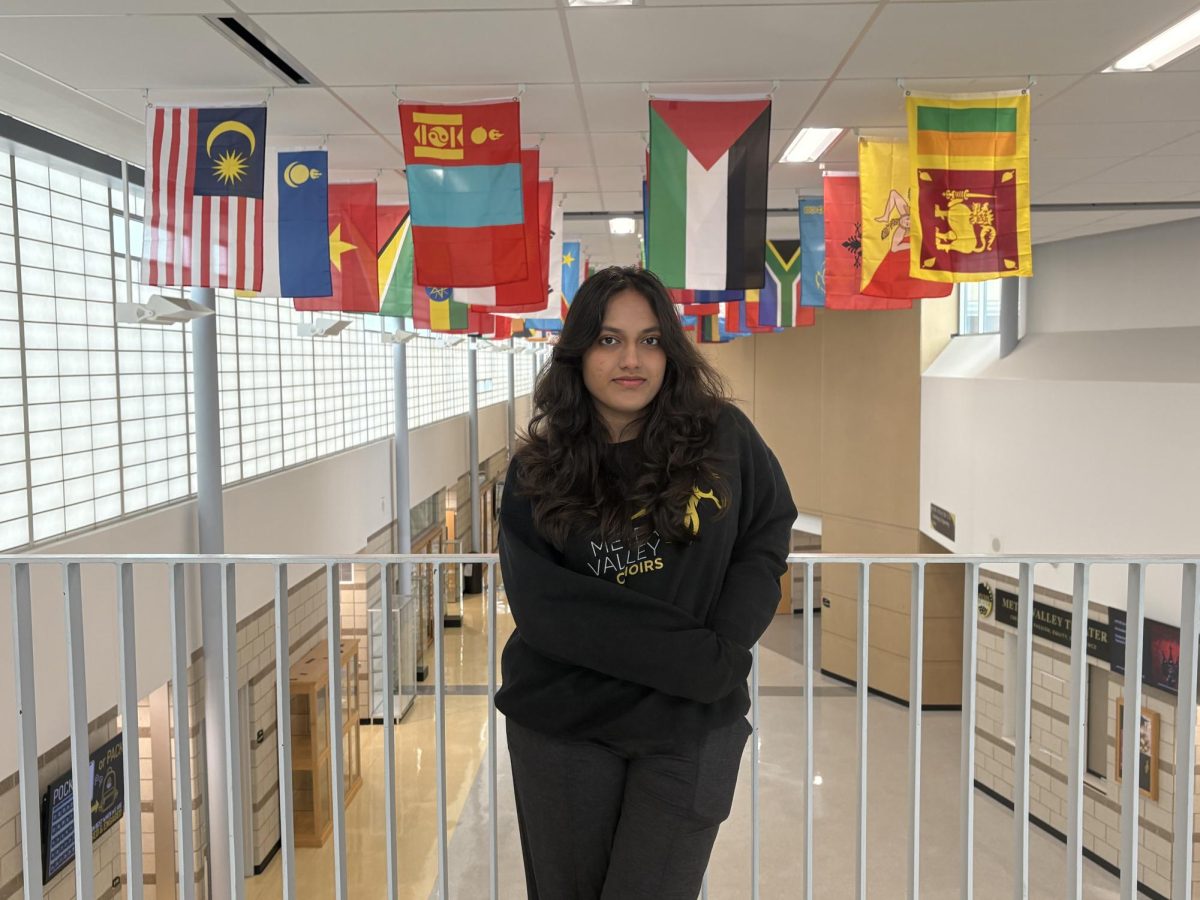 Senior Taiesha Goyal poses for the photo in front of the Metea’s flag gallery.
New boost