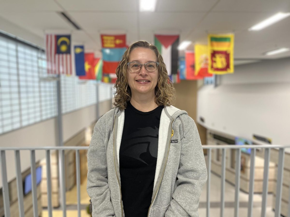 Math teacher Diane Hendrix standing in front of Metea’s flag gallery.