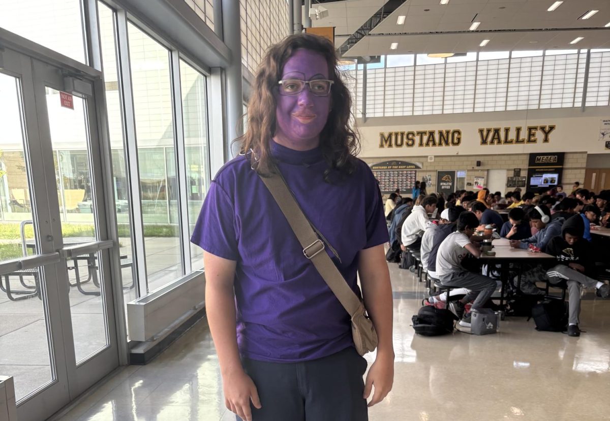 Sophomore Atticus Huenecke dresses up as a purple minion for spirit day.