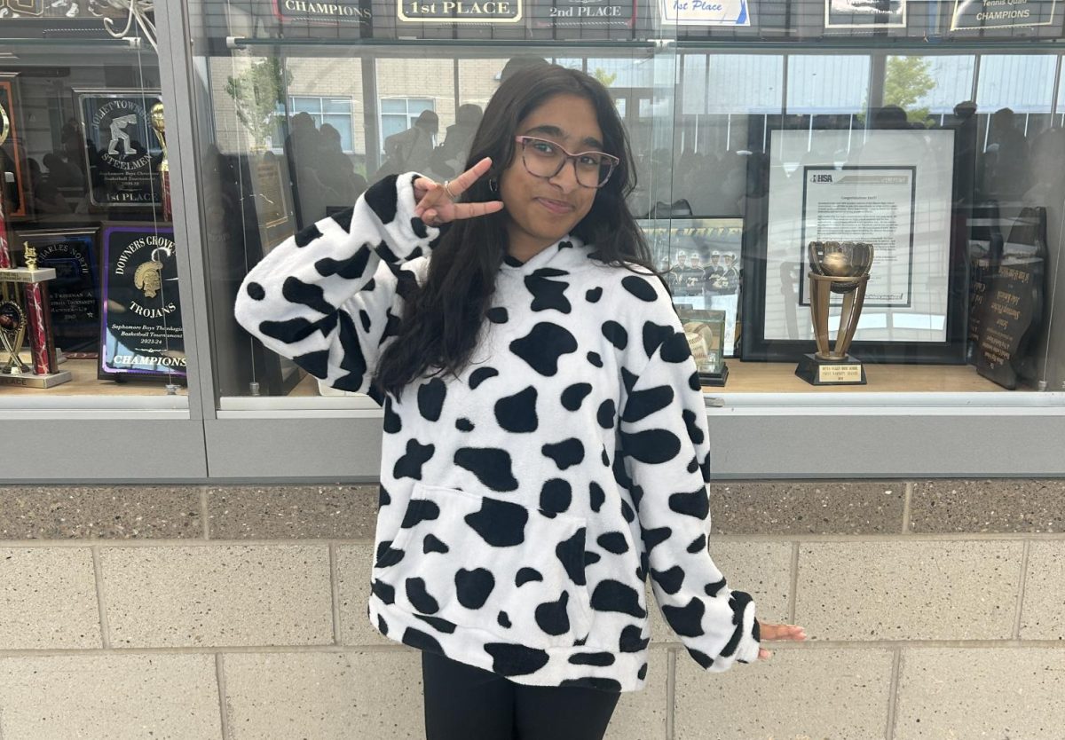 Freshman Naisha Gosh participates in Pajama Day by wearing an oversized cow hoodie.