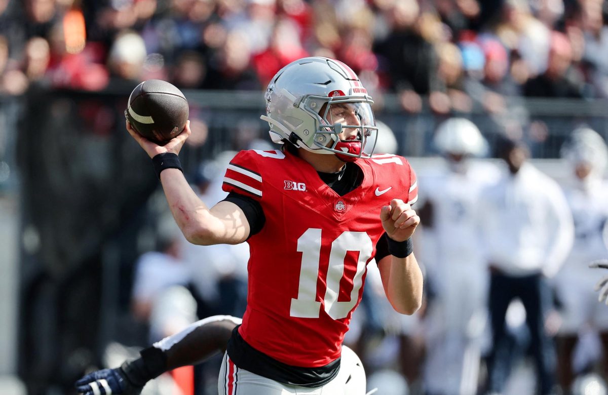 Nov 1, 2025; Columbus, Ohio, USA;  Ohio State Buckeyes quarterback Julian Sayin (10) throws the ball during the second quarter against the Penn State Nittany Lions at Ohio Stadium. Mandatory Credit: Joseph Maiorana-Imagn Images/ File Photo
