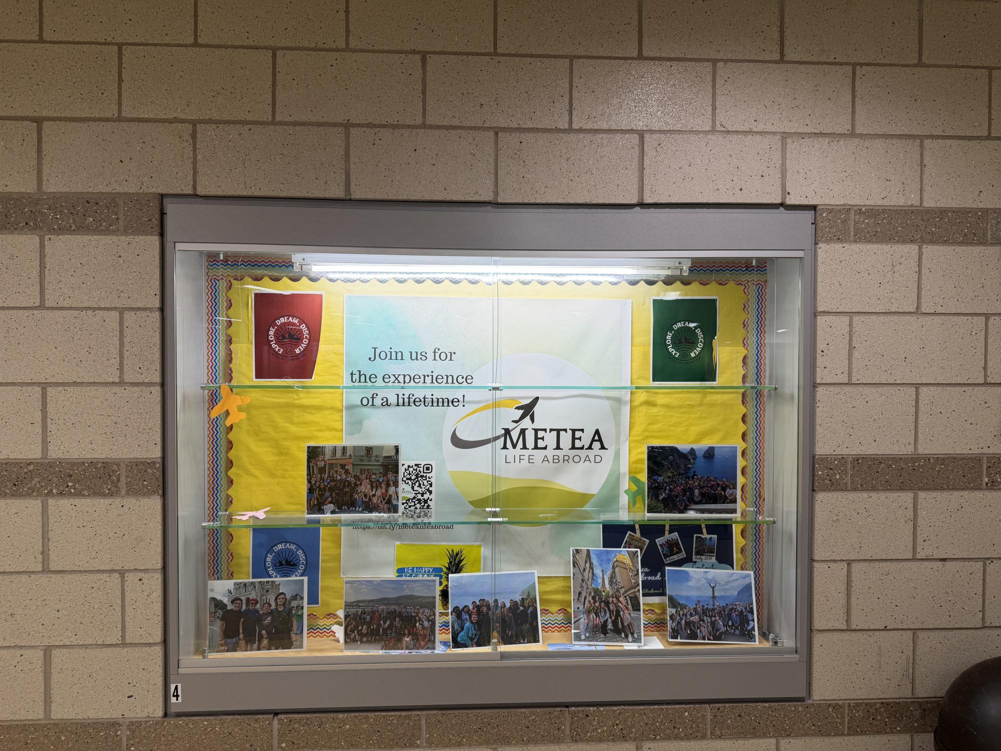 A photo of the Metea LIFE Abroad (MLA) display case located within the second floor of the school