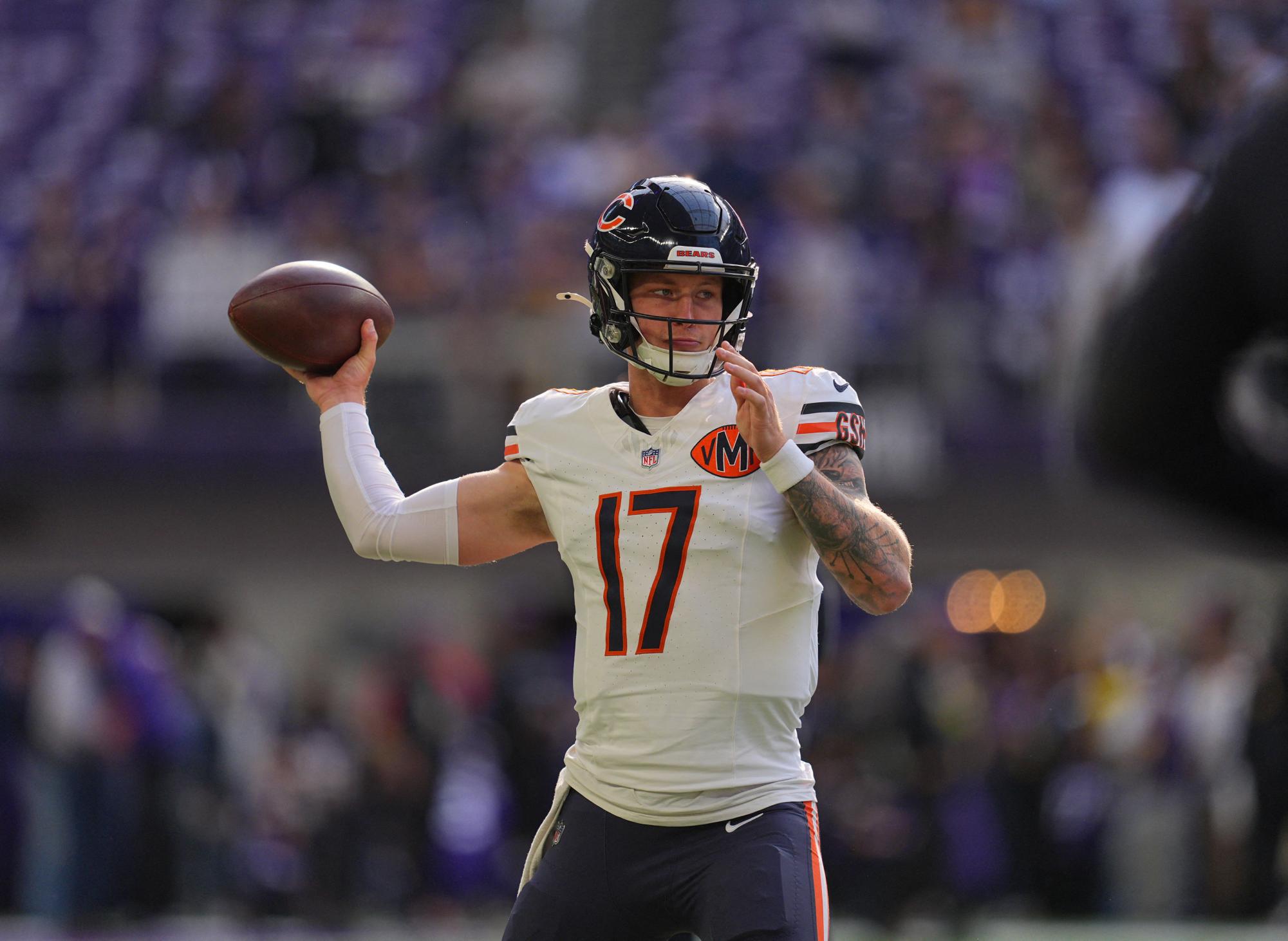 Nov 16, 2025; Minneapolis, Minnesota, USA;  Chicago Bears quarterback Tyson Bagent (17) warms up before a game against the Minnesota Vikings at U.S. Bank Stadium. Mandatory Credit: Brad Rempel-Imagn Images